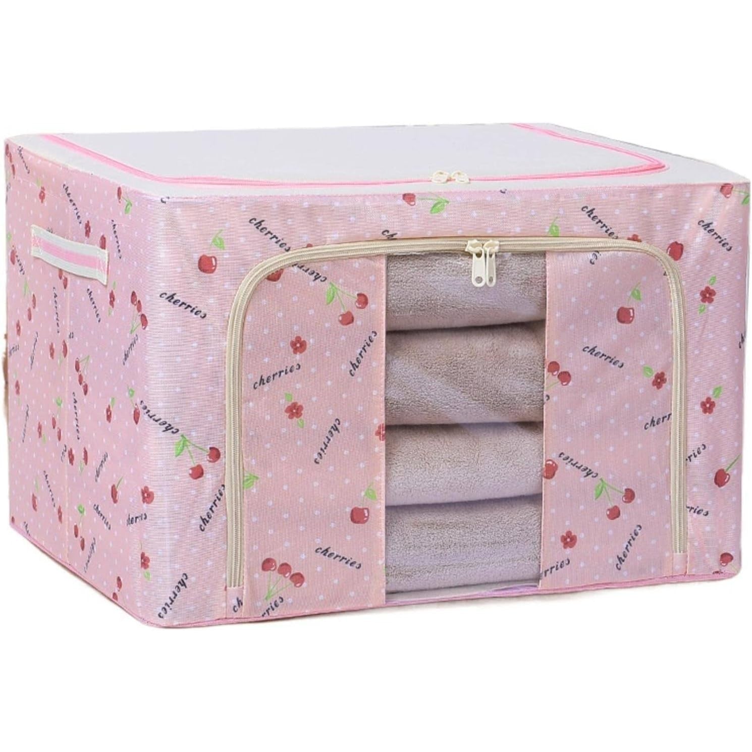 Cutie de Depozitare Pliabila, Cu Fermoar, 66 L, Textil, 50x40x33 cm, cu Fereastra, Cadru Metalic, Suport Baza Stabil din Plastic, Imprimeu Cirese, Roz