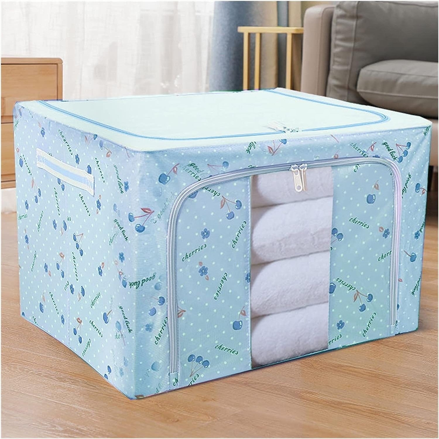 Cutie de Depozitare Pliabila, Cu Fermoar, 66 L, Textil, 50x40x33 cm, cu 2 Ferestre, Cadru Metalic, Suport Baza Stabil din Plastic, Imprimeu Cirese, Albastru