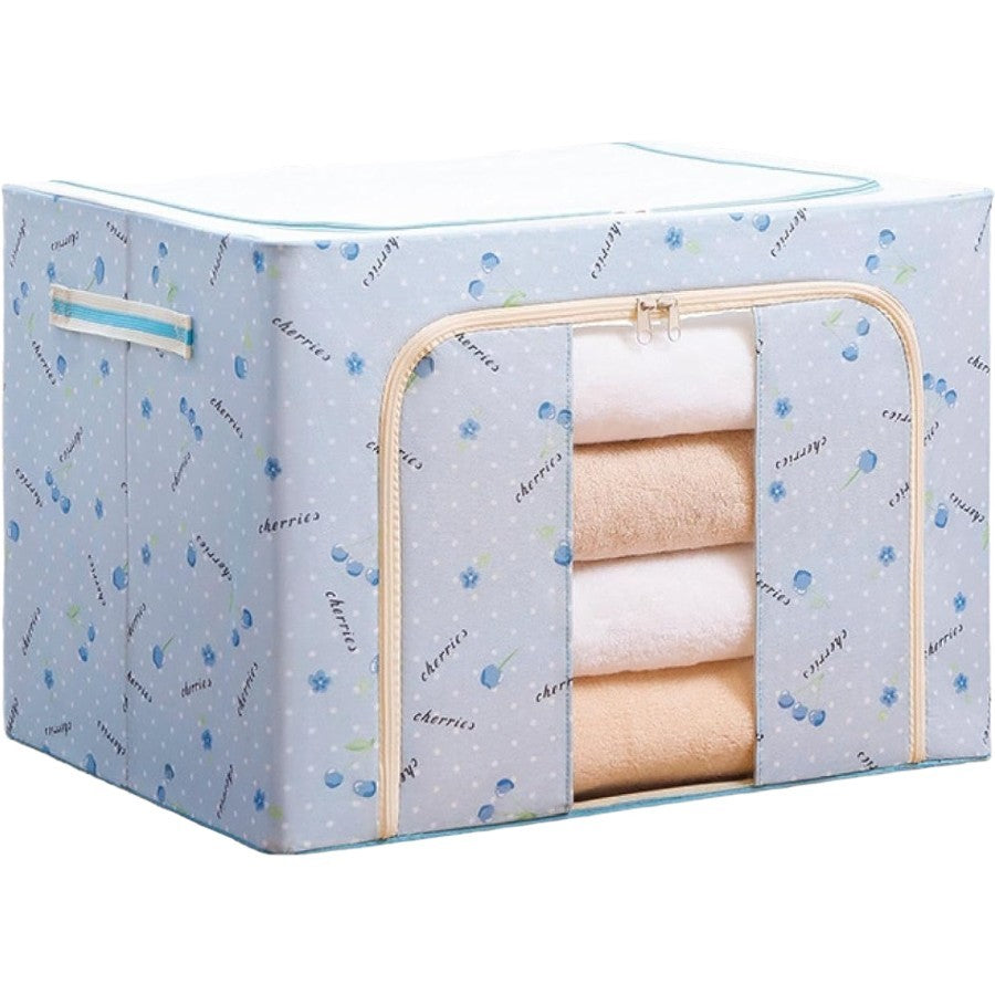 Cutie de Depozitare Pliabila, Cu Fermoar, 66 L, Textil, 50x40x33 cm, cu 2 Ferestre, Cadru Metalic, Suport Baza Stabil din Plastic, Imprimeu Cirese, Albastru