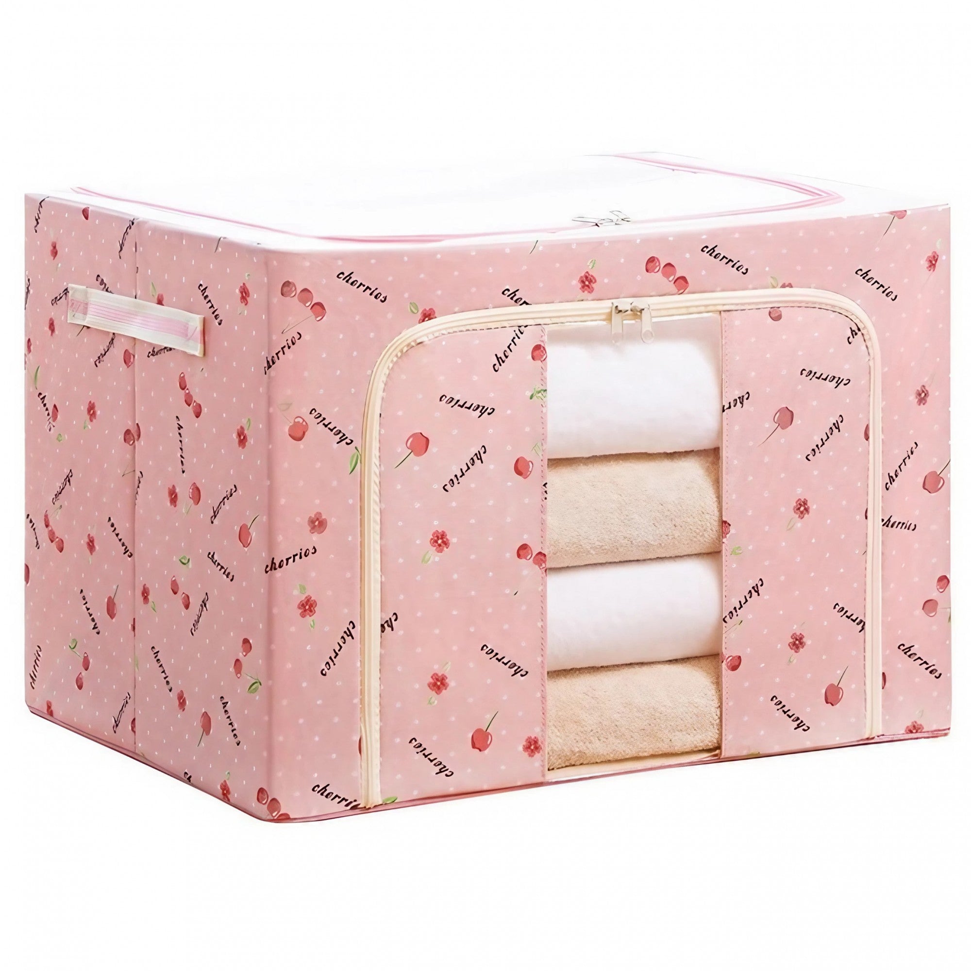 Cutie de Depozitare Pliabila, Cu Fermoar, 66 L, Textil, 50x40x33 cm, cu Fereastra, Cadru Metalic, Suport Baza Stabil din Plastic, Imprimeu Cirese, Roz