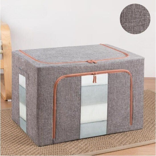 Cutie de depozitare pliabila, Cu fermoar, 66 L, Textil, 50x40x33 cm, Gri, Cadru Metalic, Suport Baza Stabil din Plastic, Cu doua ferestre
