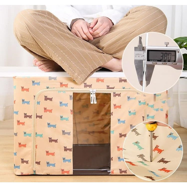 Cutie de Depozitare Pliabila, 66 L, Panza Oxford, 50x40x33 cm, Fereastra Frontala, 2 Usi de Acces cu Fermoar Bidirectional, Cadru Metalic, Suport Baza Stabil din Plastic, Imprimeu Catelus, Bej