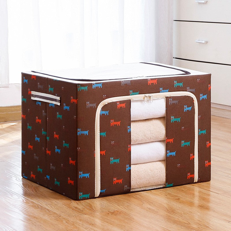 Cutie de Depozitare Pliabila, 66 L, din Tesatura Oxford, 50x40x33 cm, Fereastra Frontala, 2 Usi de Acces cu Fermoar Bidirectional, Cadru Metalic, Suport Baza Stabil din Plastic, Imprimeu Catelusi, Maro