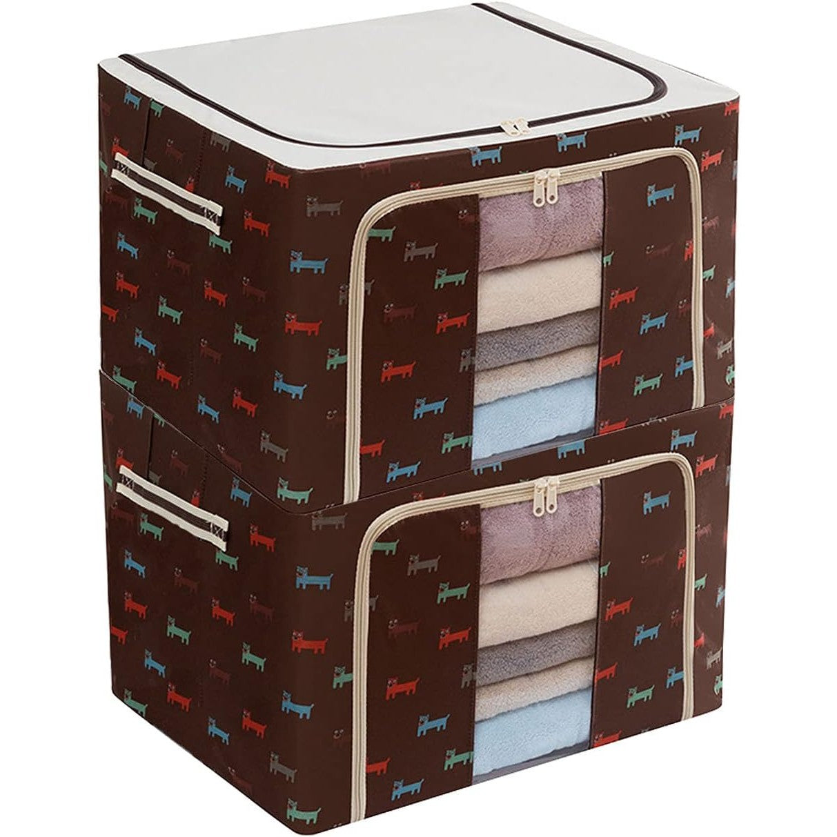 Cutie de Depozitare Pliabila, 66 L, din Tesatura Oxford, 50x40x33 cm, Fereastra Frontala, 2 Usi de Acces cu Fermoar Bidirectional, Cadru Metalic, Suport Baza Stabil din Plastic, Imprimeu Catelusi, Maro