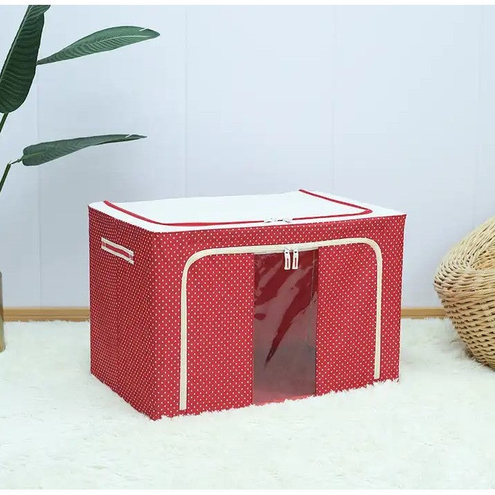 Cutie de Depozitare Pliabila, 66 L, din Tesatura Oxford, 50x40x33 cm, Fereastra Frontala, 2 Usi de Acces cu Fermoar Bidirectional, Cadru Metalic, Suport Baza Stabil din Plastic, Imprimeu Buline, Rosu