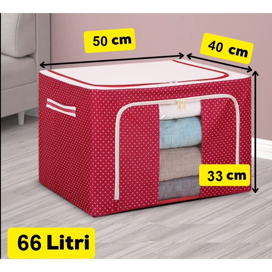 Cutie de Depozitare Pliabila, 66 L, din Tesatura Oxford, 50x40x33 cm, Fereastra Frontala, 2 Usi de Acces cu Fermoar Bidirectional, Cadru Metalic, Suport Baza Stabil din Plastic, Imprimeu Buline, Rosu