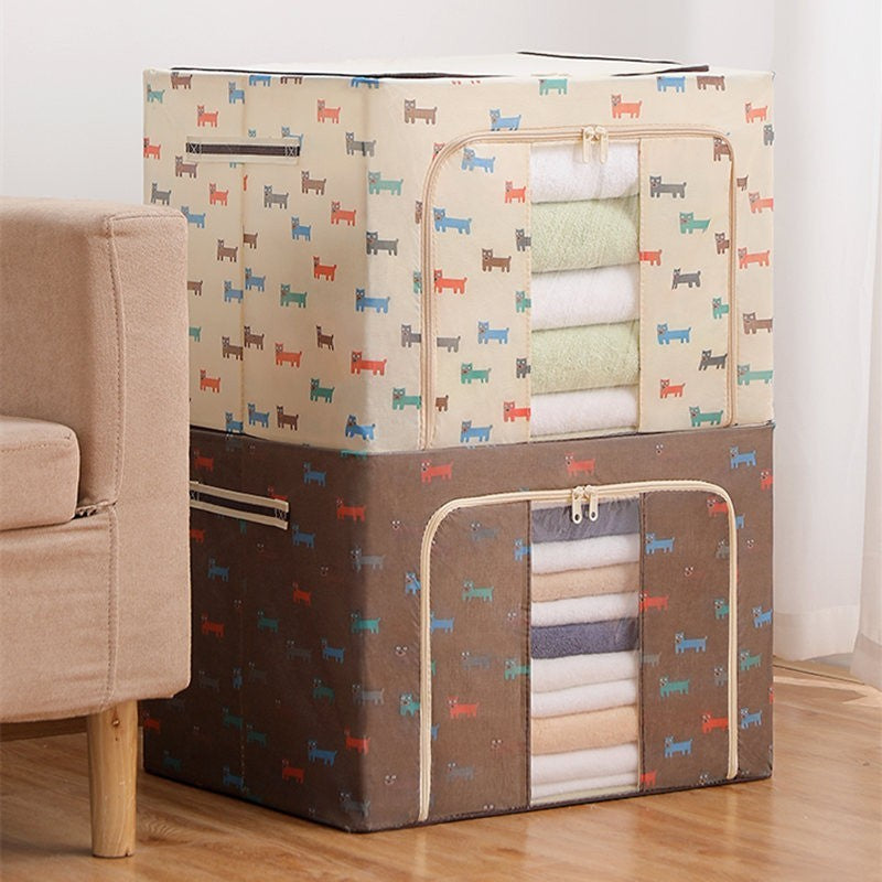 Cutie de Depozitare Pliabila, 24 L, Panza Oxford, 40x30x20 cm, Fereastra Frontala, 2 Usi de Acces cu Fermoar Bidirectional, Cadru Metalic, Suport Baza Stabil din Plastic, Imprimeu Catelus, Maro/Bej