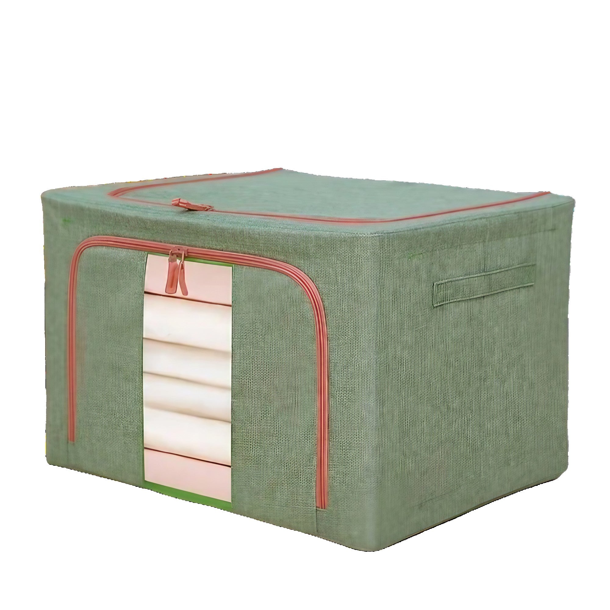 Cutie de Depozitare Pliabila, Cu fermoar Bidirectional, 66 L, Textil, 50x40x33 cm, Cadru Metalic, o Fereastra, Suport Baza Stabil din Plastic, Verde