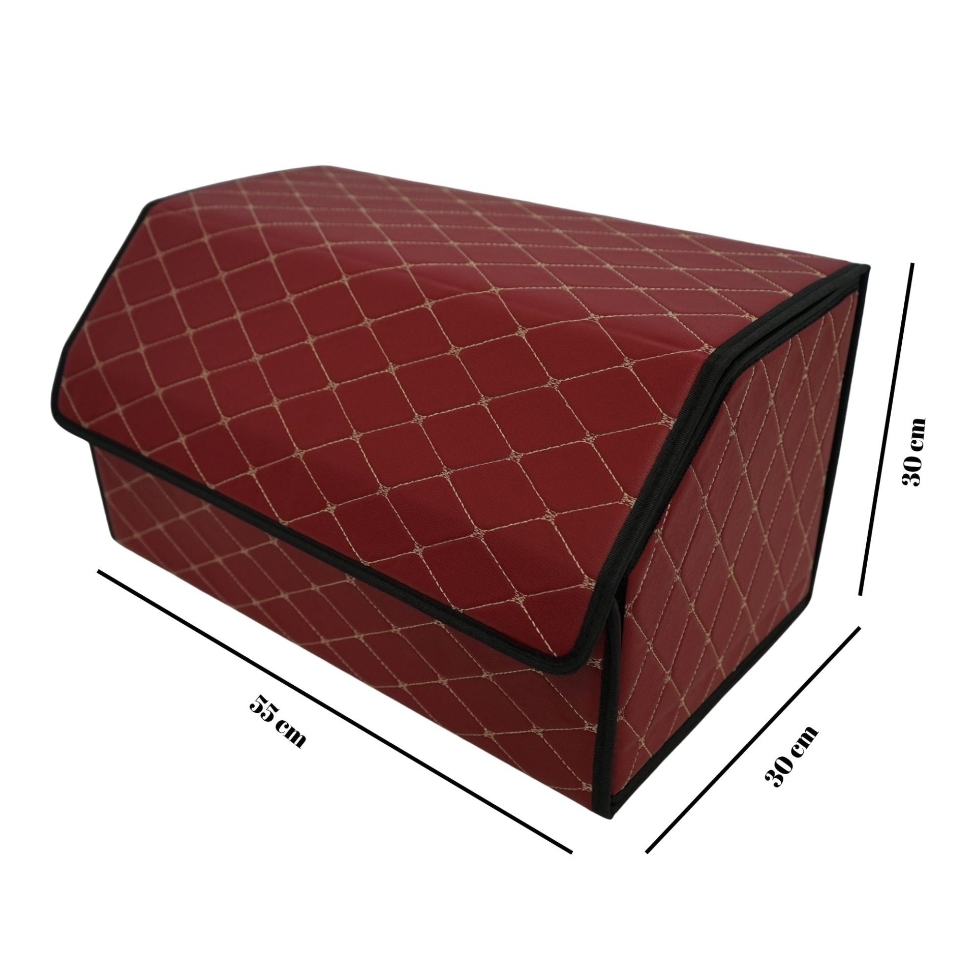 Cutie de Depozitare Auto, Organizator Premium Portbagaj, Geanta Multifunctionala din Piele Ecologica, 2 Compartimente Depozitare, Rezistent la Uzura si Pliabil, Bordo, 55 x 30 x 30cm