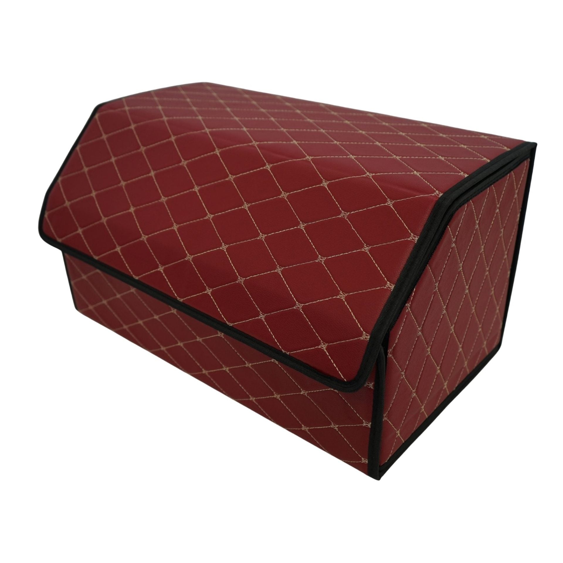 Cutie de Depozitare Auto, Organizator Premium Portbagaj, Geanta Multifunctionala din Piele Ecologica, 2 Compartimente Depozitare, Rezistent la Uzura si Pliabil, Bordo, 55 x 30 x 30cm