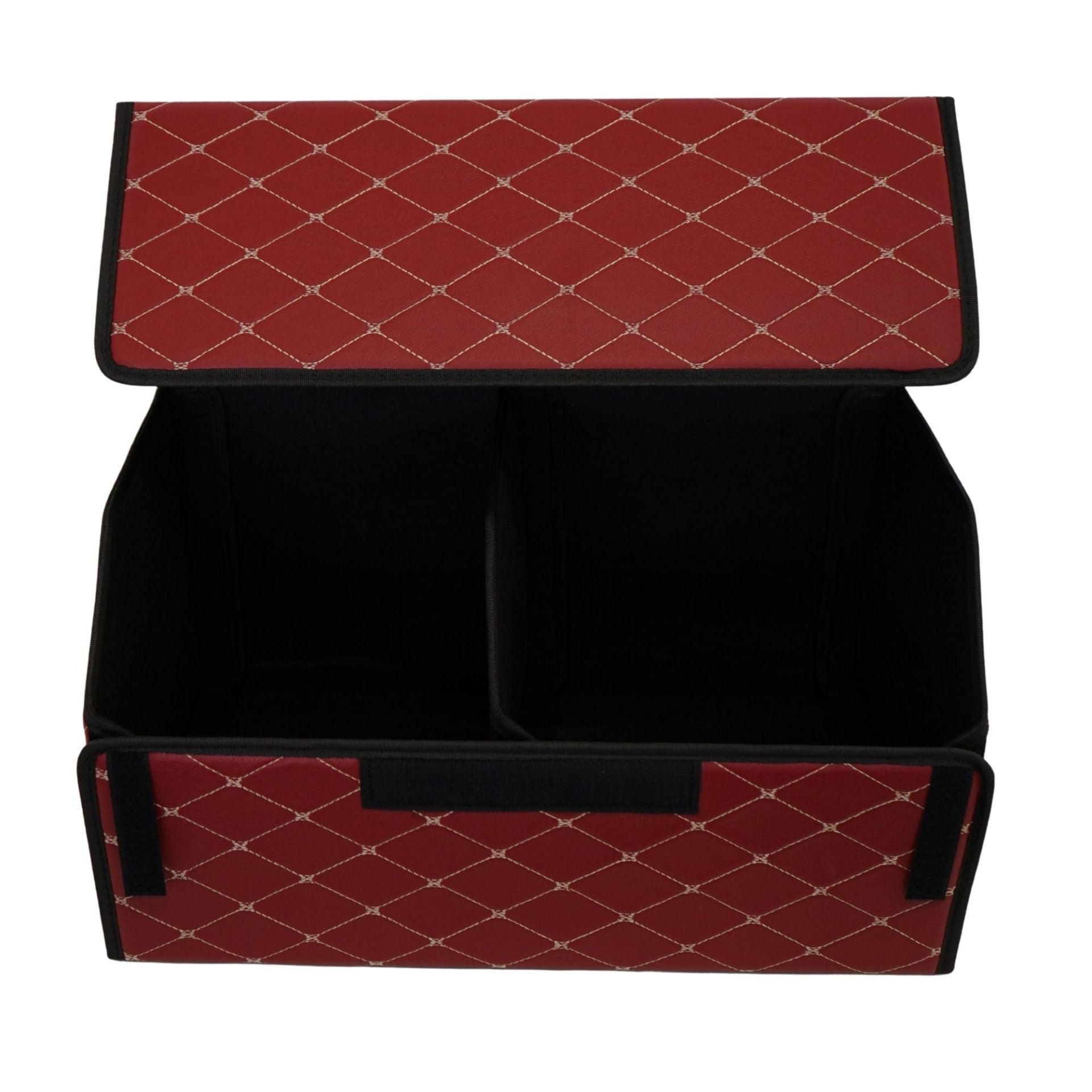Cutie de Depozitare Auto, Organizator Premium Portbagaj, Geanta Multifunctionala din Piele Ecologica, 2 Compartimente Depozitare, Rezistent la Uzura si Pliabil, Bordo, 55 x 30 x 30cm