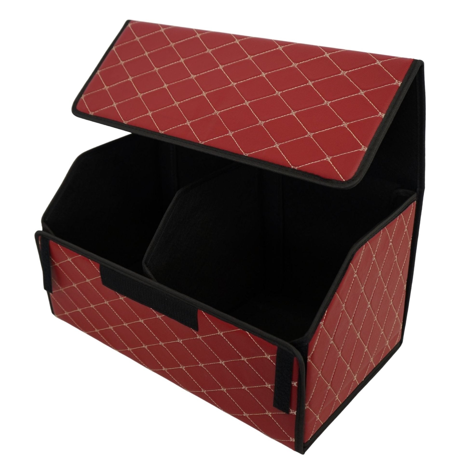 Cutie de Depozitare Auto, Organizator Premium Portbagaj, Geanta Multifunctionala din Piele Ecologica, 2 Compartimente Depozitare, Rezistent la Uzura si Pliabil, Bordo, 55 x 30 x 30cm
