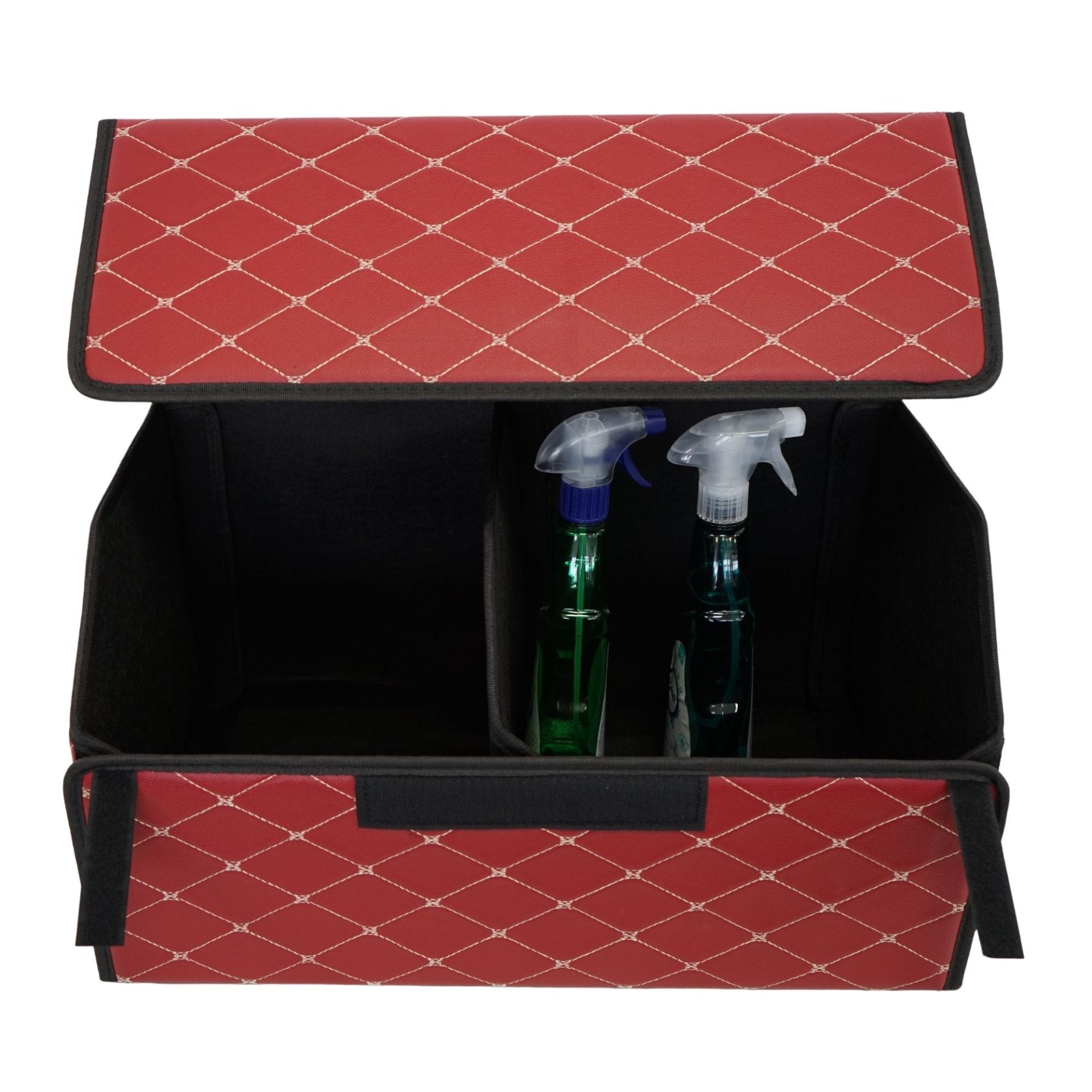 Cutie de Depozitare Auto, Organizator Premium Portbagaj, Geanta Multifunctionala din Piele Ecologica, 2 Compartimente Depozitare, Rezistent la Uzura si Pliabil, Bordo, 55 x 30 x 30cm
