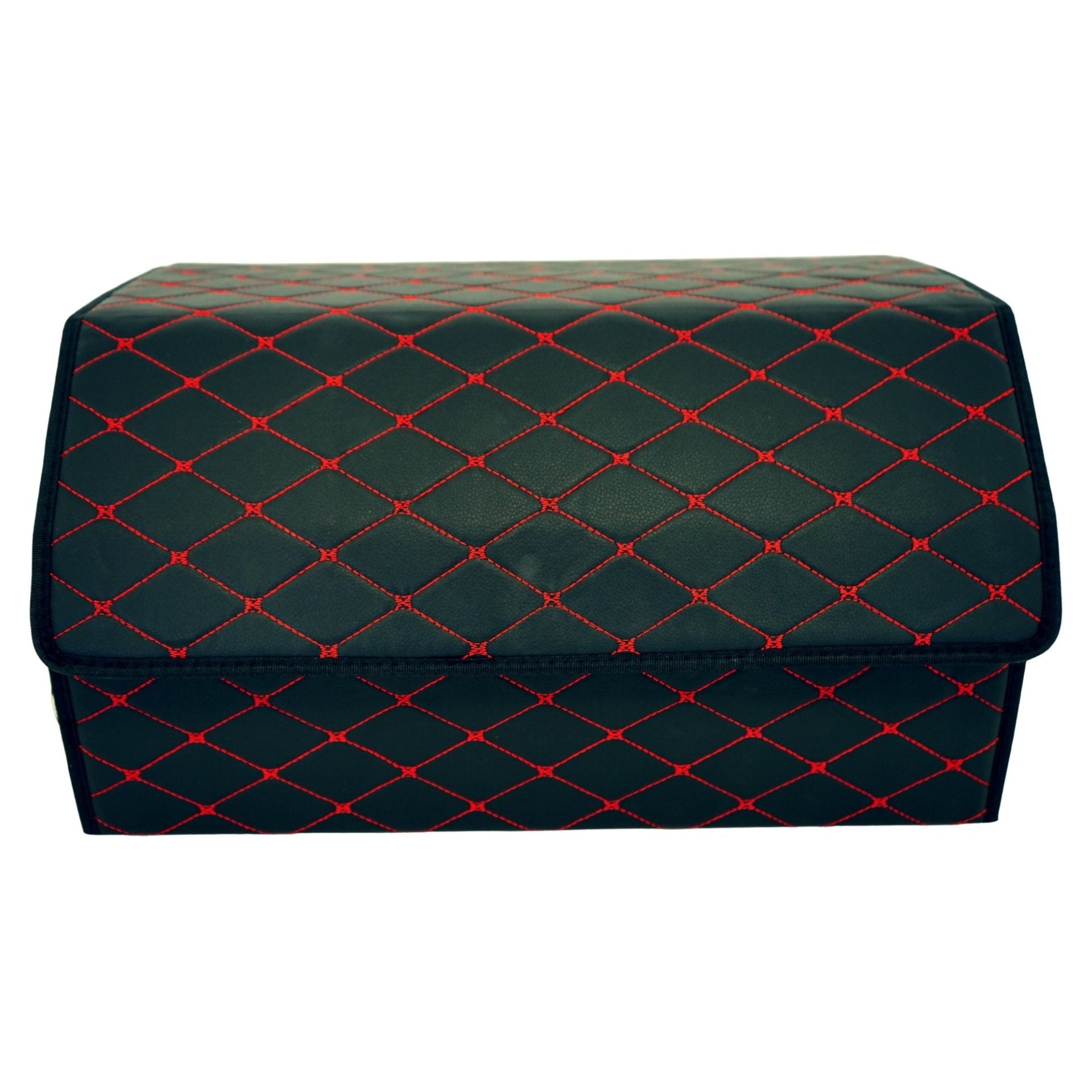 Cutie de Depozitare Auto, Organizator Premium Portbagaj, Geanta Multifunctionala, Piele Ecologica, 2 Compartimente Depozitare, Pliabil si Rezistent la Uzura, Negru/Rosu, 55 x 30 x 30cm