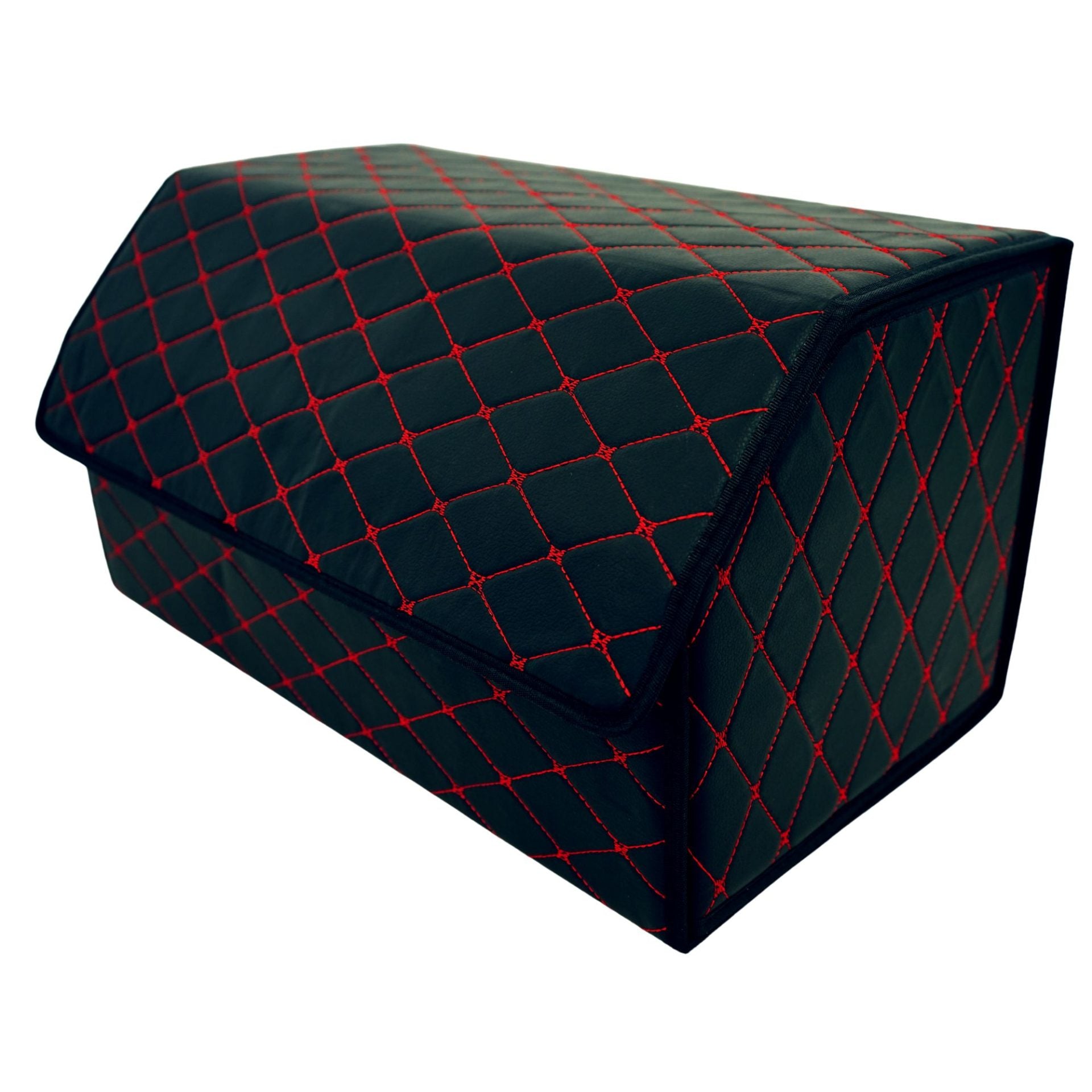 Cutie de Depozitare Auto, Organizator Premium Portbagaj, Geanta Multifunctionala, Piele Ecologica, 2 Compartimente Depozitare, Pliabil si Rezistent la Uzura, Negru/Rosu, 55 x 30 x 30cm