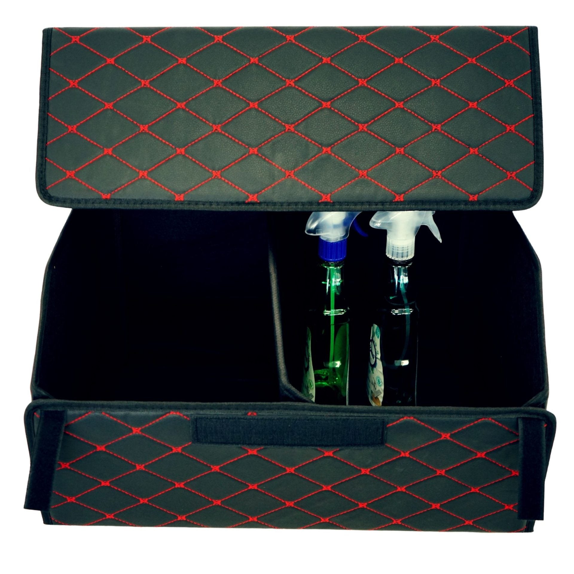 Cutie de Depozitare Auto, Organizator Premium Portbagaj, Geanta Multifunctionala, Piele Ecologica, 2 Compartimente Depozitare, Pliabil si Rezistent la Uzura, Negru/Rosu, 55 x 30 x 30cm