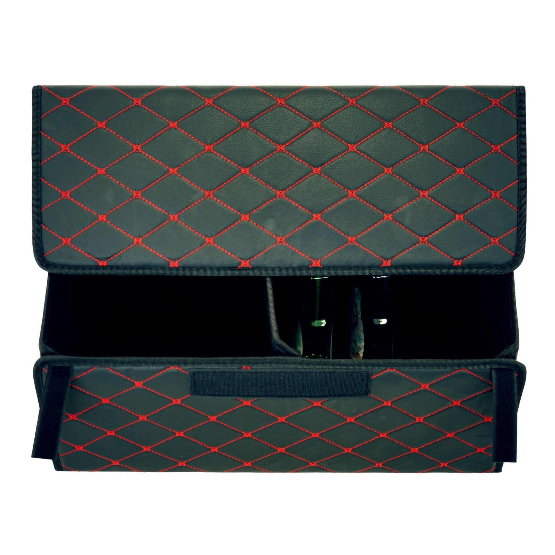 Cutie de Depozitare Auto, Organizator Premium Portbagaj, Geanta Multifunctionala, Piele Ecologica, 2 Compartimente Depozitare, Pliabil si Rezistent la Uzura, Negru/Rosu, 55 x 30 x 30cm