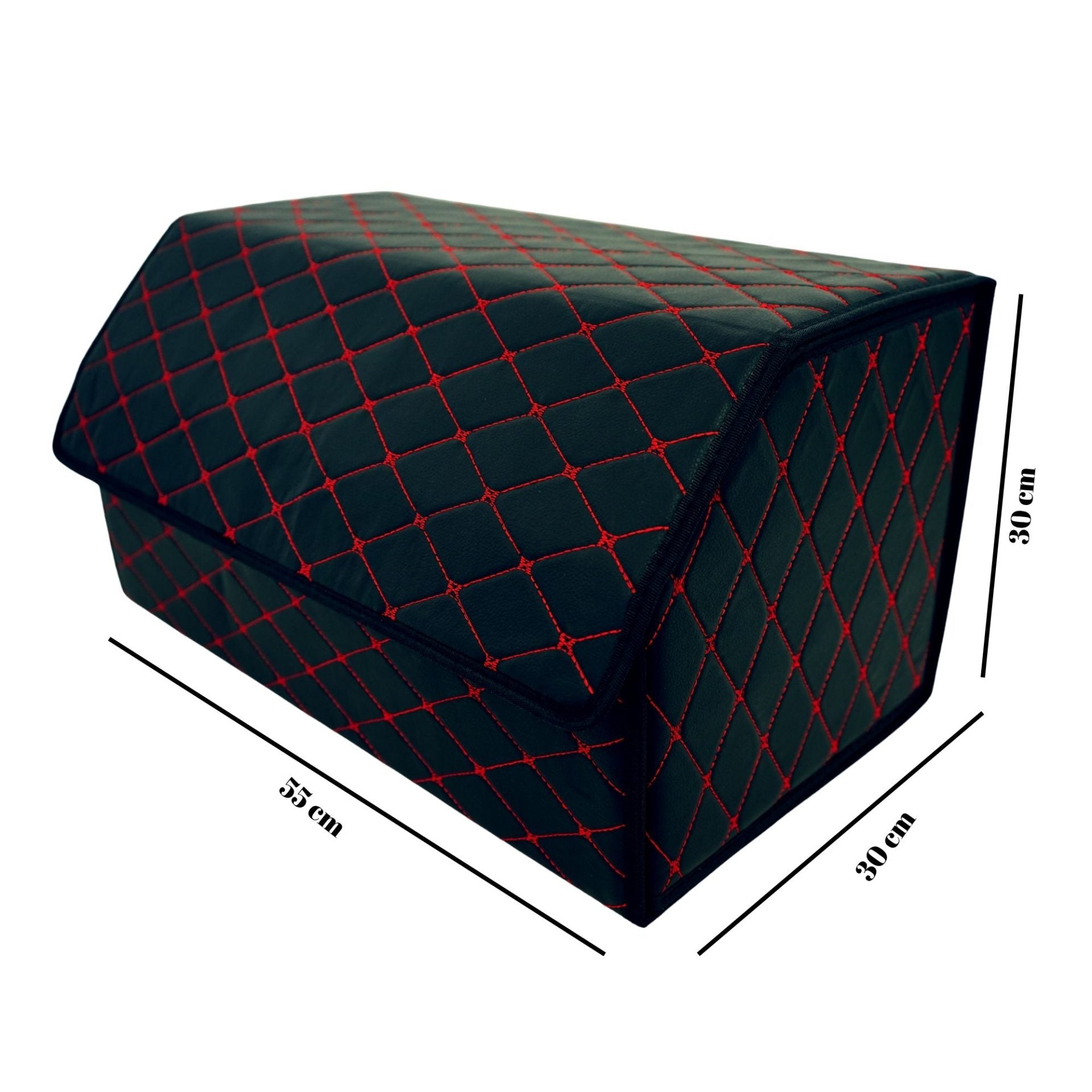 Cutie de Depozitare Auto, Organizator Premium Portbagaj, Geanta Multifunctionala, Piele Ecologica, 2 Compartimente Depozitare, Pliabil si Rezistent la Uzura, Negru/Rosu, 55 x 30 x 30cm