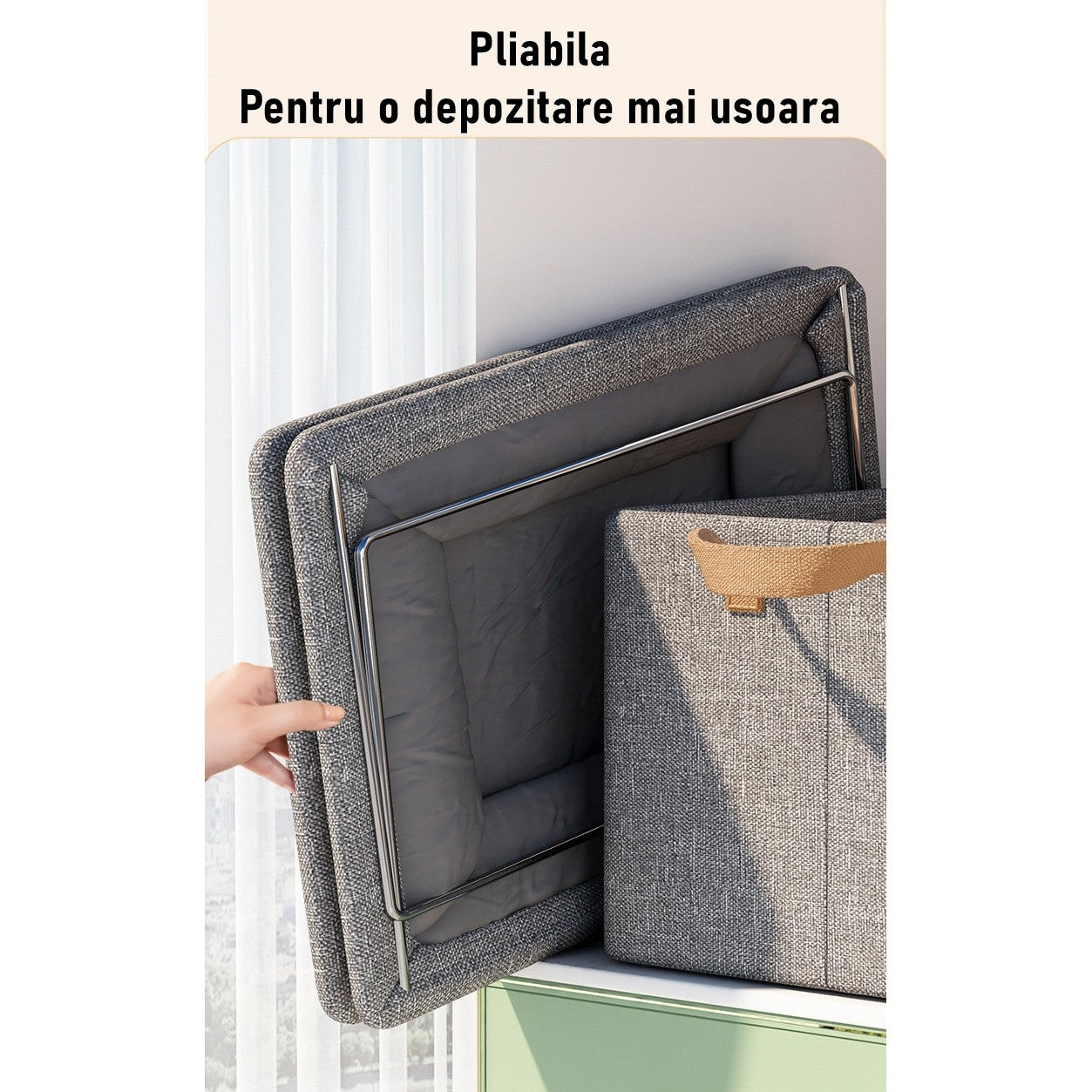 Cutie de depozitare tip cos, textil, pliabila, 47x28x20 cm, cadru metalic, cu manere, gri