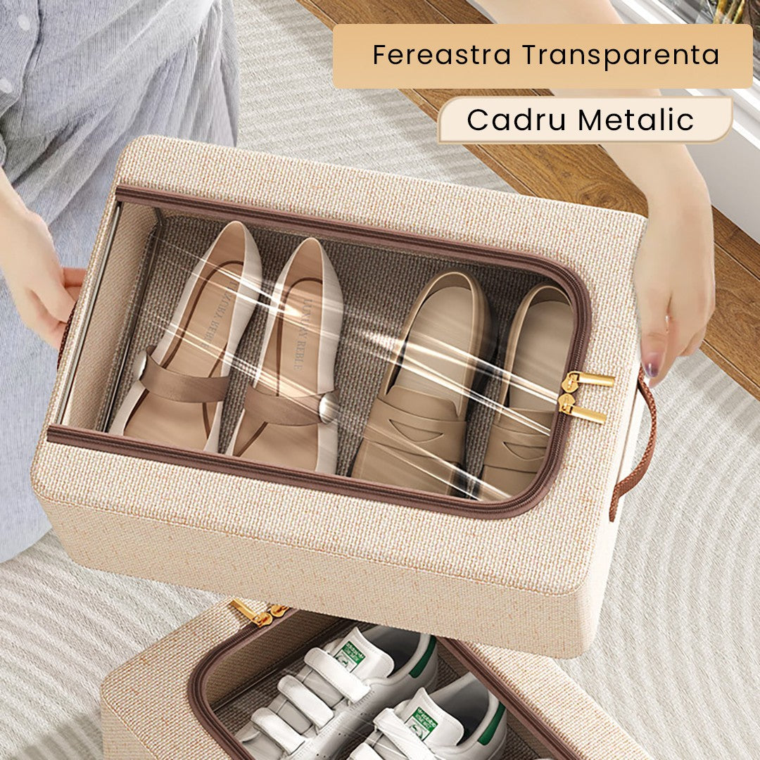 Cutie Depozitare cu Cadru Metalic, pentru Incaltaminte, Haine, Lingerie, Fermoar Calitativ, Fereastra Transparenta, Manere Laterale, 40 x 30 x 15 cm Bej