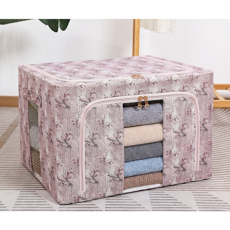 Cutie Depozitare, 66L, din Material Textil, 50 x 40 x 33 cm, pentru Haine si Lenjerii, Model Floare de Prun, Roz