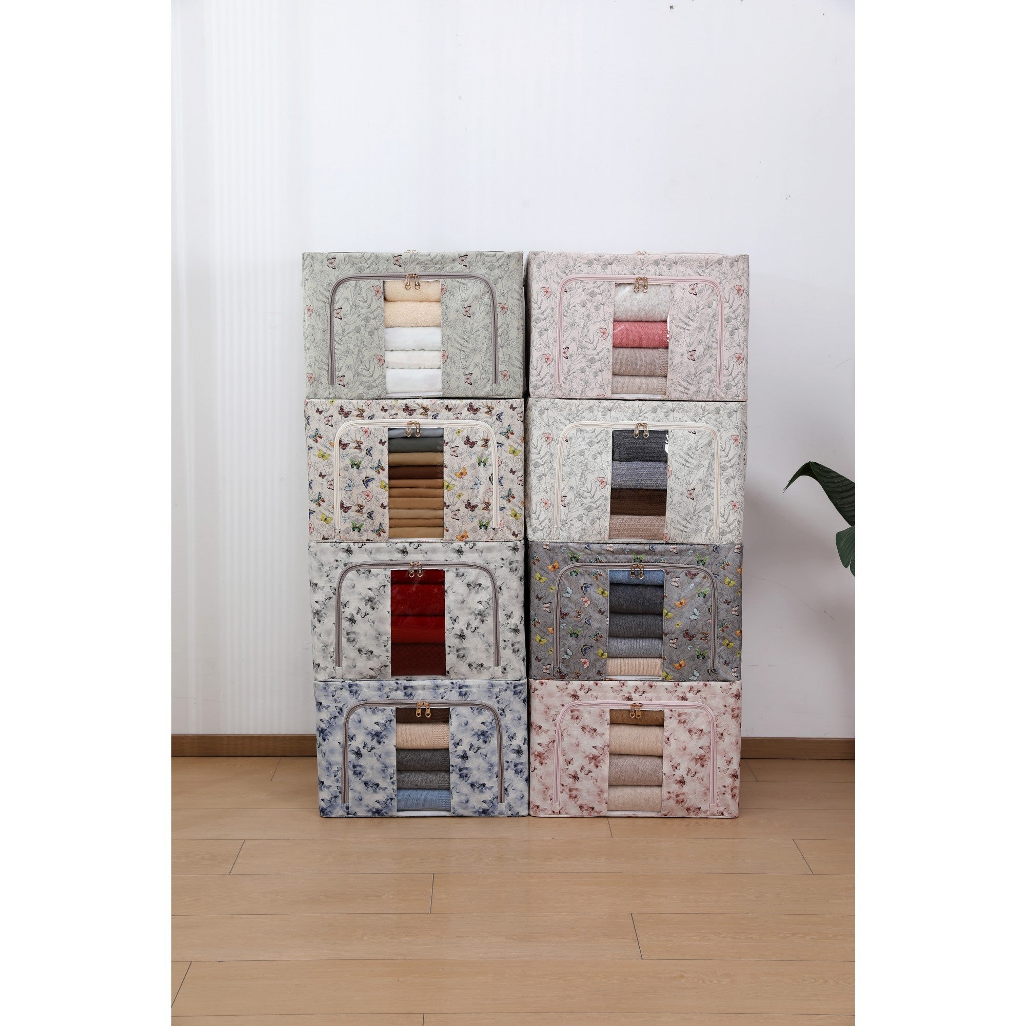 Cutie Depozitare, 66L, din Material Textil, 50 x 40 x 33 cm, pentru Haine si Lenjerii, Model Floare de Prun, Roz