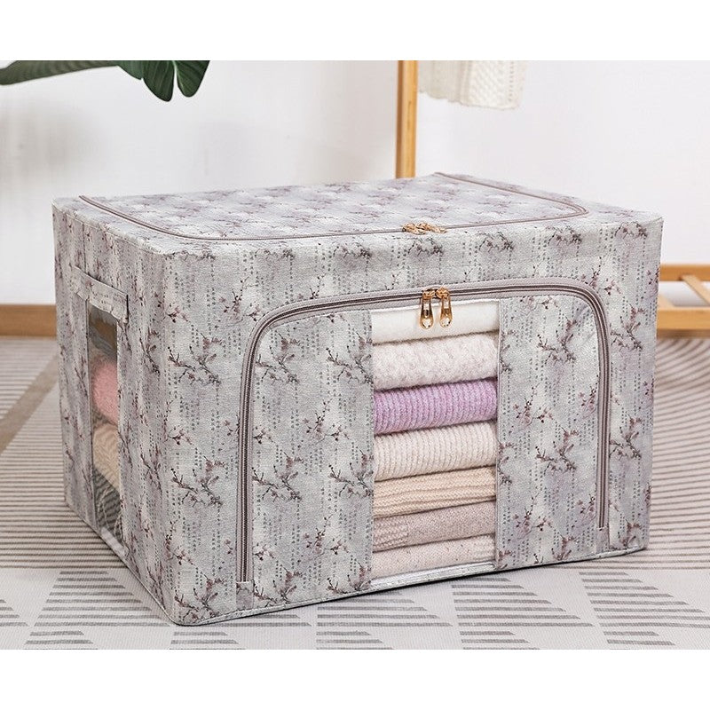 Cutie Depozitare, 66L, din Material Textil, 50 x 40 x 33 cm, pentru Haine si Lenjerii, Model Flori de Primavara, Gri