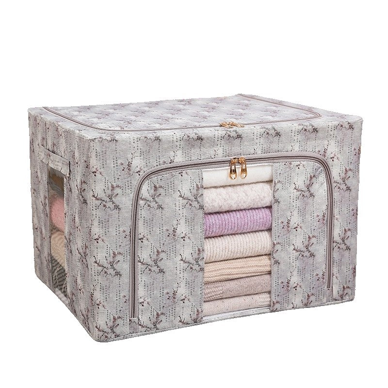 Cutie Depozitare, 66L, din Material Textil, 50 x 40 x 33 cm, pentru Haine si Lenjerii, Model Flori de Primavara, Gri