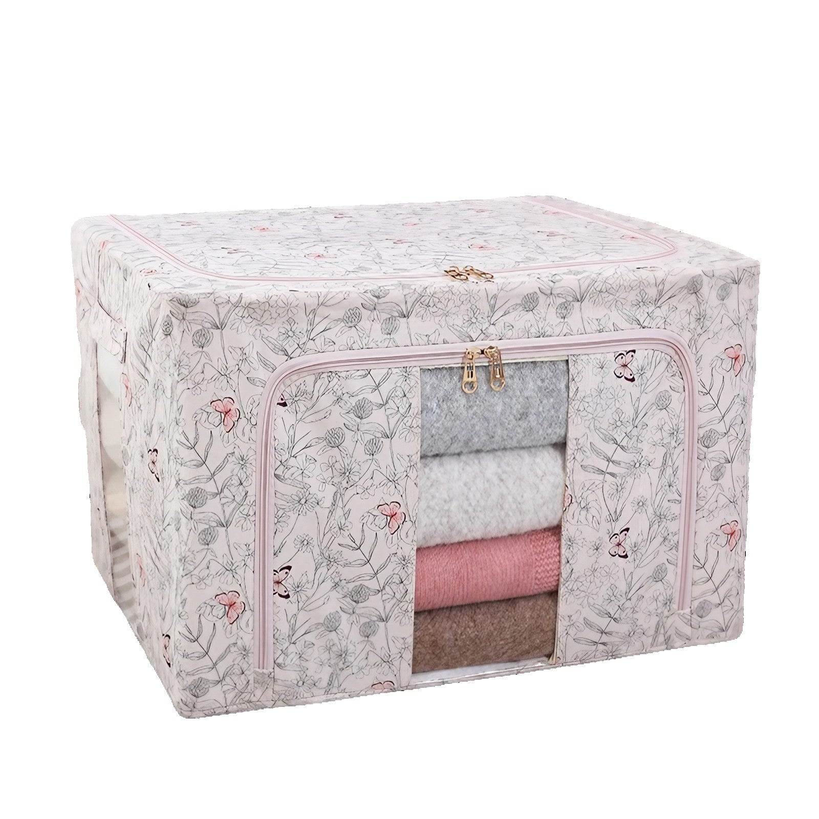 Cutie Depozitare, 66L, din Material Textil, 50 x 40 x 33 cm, pentru Haine si Lenjerii, Model Fluturasi, Roz