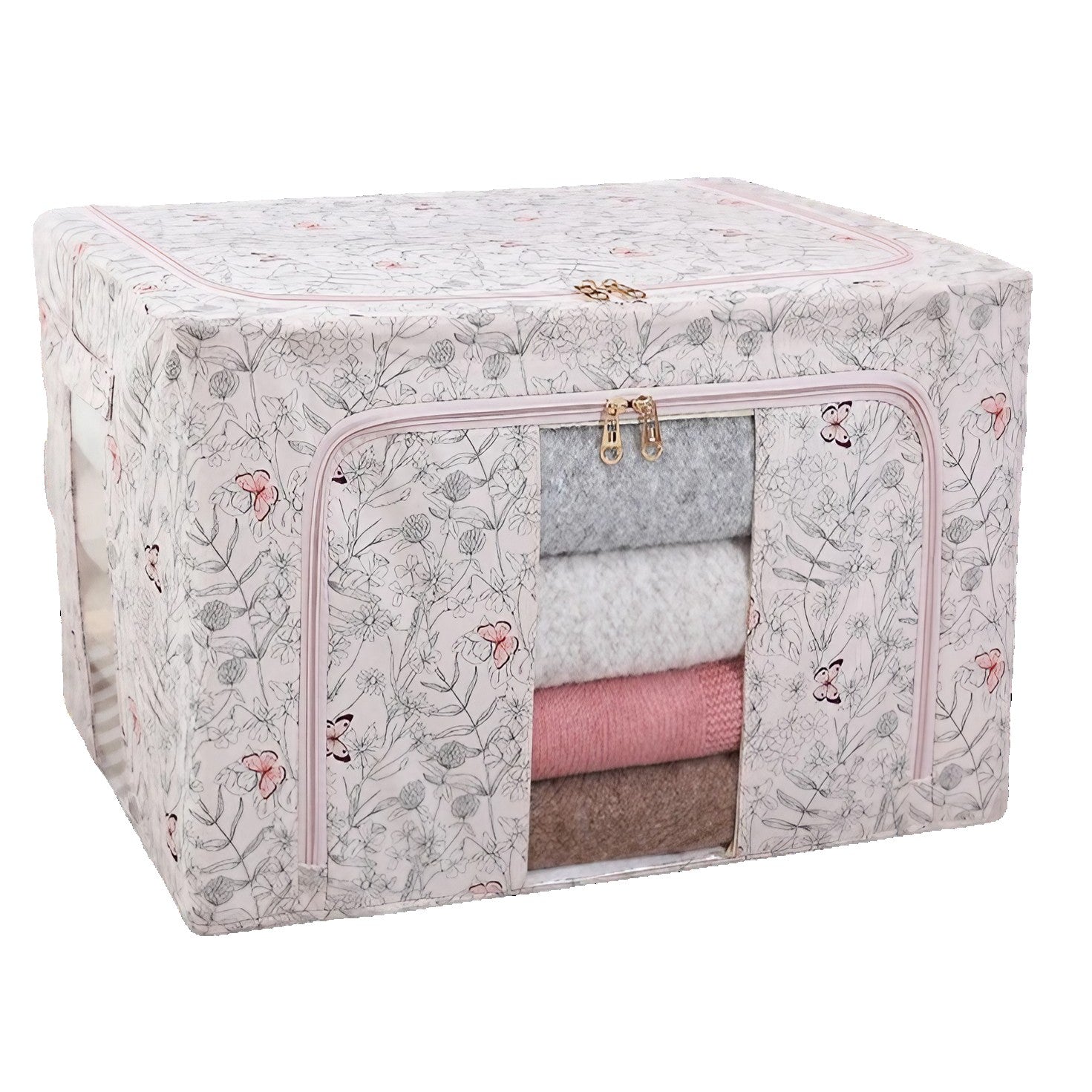 Cutie Depozitare, 66L, din Material Textil, 50 x 40 x 33 cm, pentru Haine si Lenjerii, Model Fluturasi, Roz