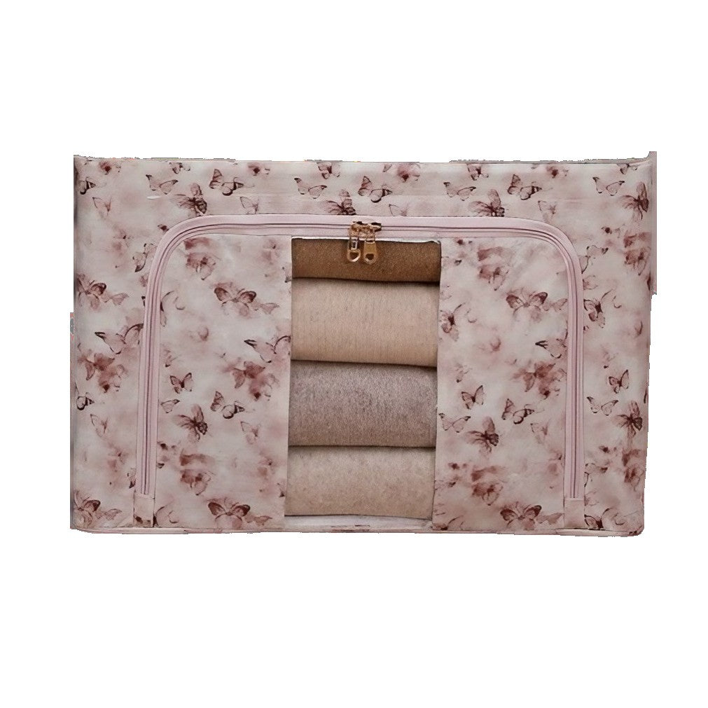 Cutie Depozitare, 66L, din Material Textil, 50 x 40 x 33 cm, pentru Haine si Lenjerii, Model Fluturasi, Roz/Gri