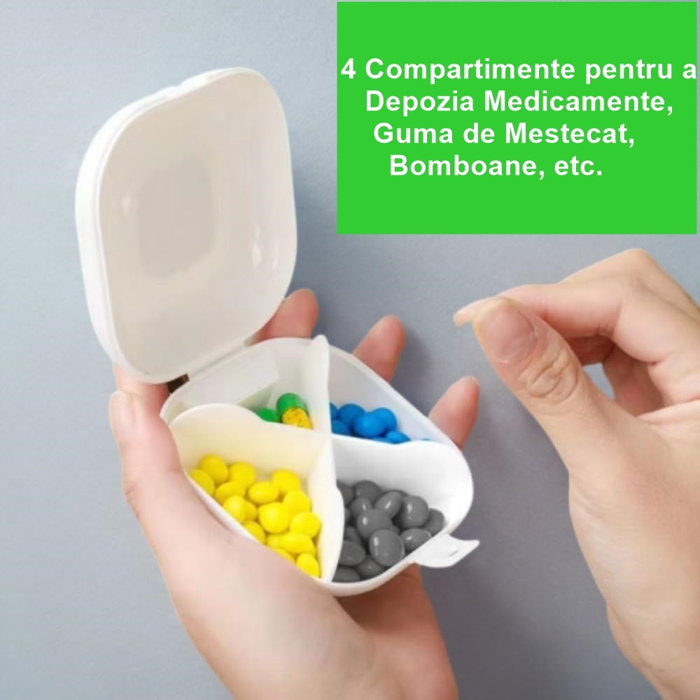 Cutie Depozitare Medicamente, 4 Compartimente, Inchidere Etans, Portabila, Patrat, Alb/Negru, PP, 7.6x2.9x7.8 cm