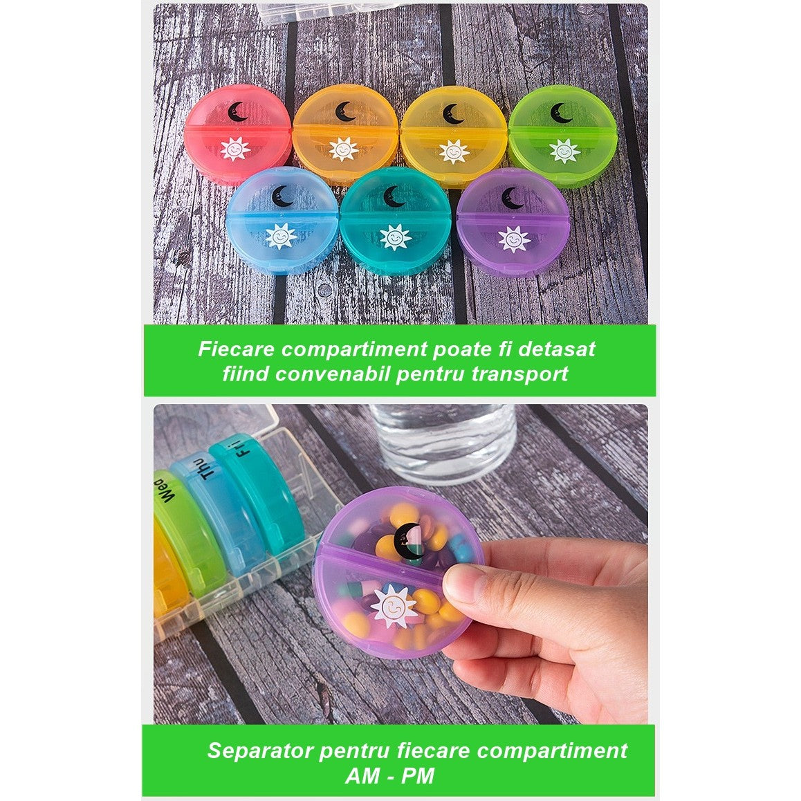 Cutie Depozitare Medicamente, 7 Zile, 14 Compartimente, Cutie Suport, Recipiente Detasabile, Portabila, Multicolor, 17.5x11x9.5 cm