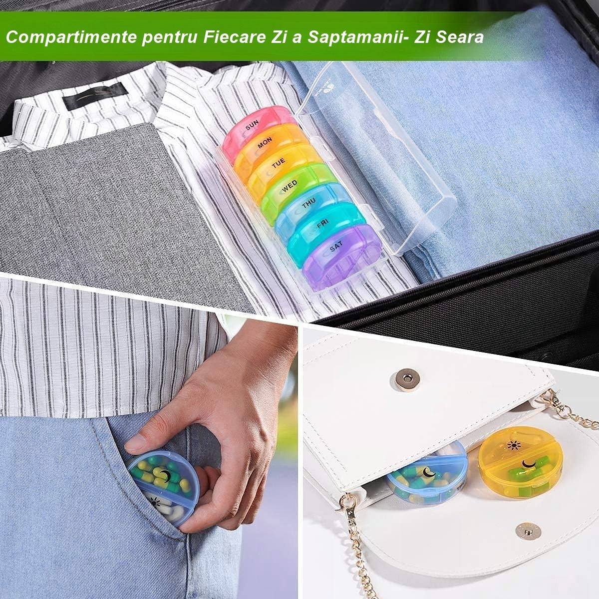 Cutie Depozitare Medicamente, 7 Zile, 14 Compartimente, Cutie Suport, Recipiente Detasabile, Portabila, Multicolor, 17.5x11x9.5 cm