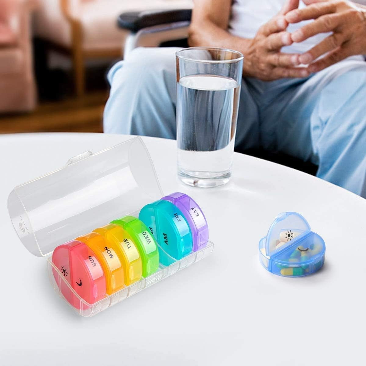 Cutie Depozitare Medicamente, 7 Zile, 14 Compartimente, Cutie Suport, Recipiente Detasabile, Portabila, Multicolor, 17.5x11x9.5 cm