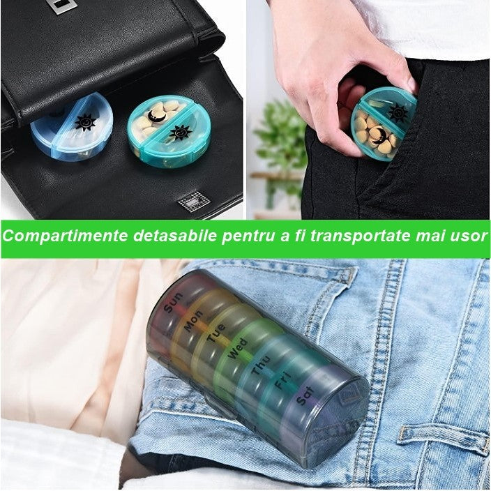 Cutie Depozitare Medicamente, 7 Zile, 14 Compartimente, Cutie Suport, Recipiente Detasabile, Portabila, Recipiente Colorate, Suport Negru, 17.5x11x9.5 cm