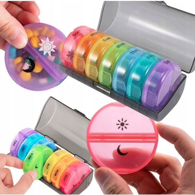 Cutie Depozitare Medicamente, 7 Zile, 14 Compartimente, Cutie Suport, Recipiente Detasabile, Portabila, Recipiente Colorate, Suport Negru, 17.5x11x9.5 cm