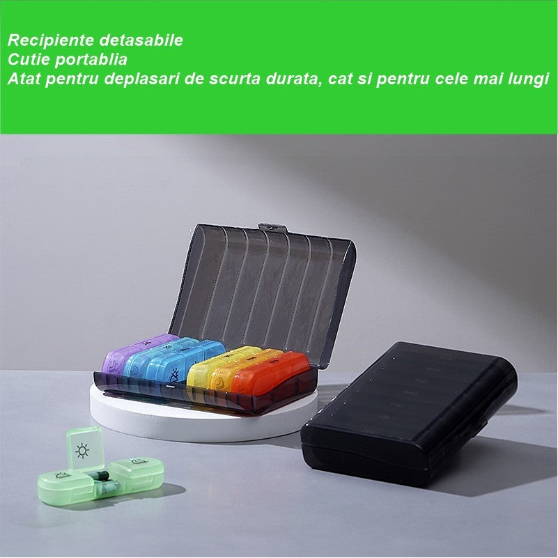 Cutie Depozitare Medicamente, 7 Zile, 21 Compartimente, Cutie Suport, Recipiente Detasabile, Portabila, Recipiente Colorate, Cutie Neagra, 15.6x12 cm
