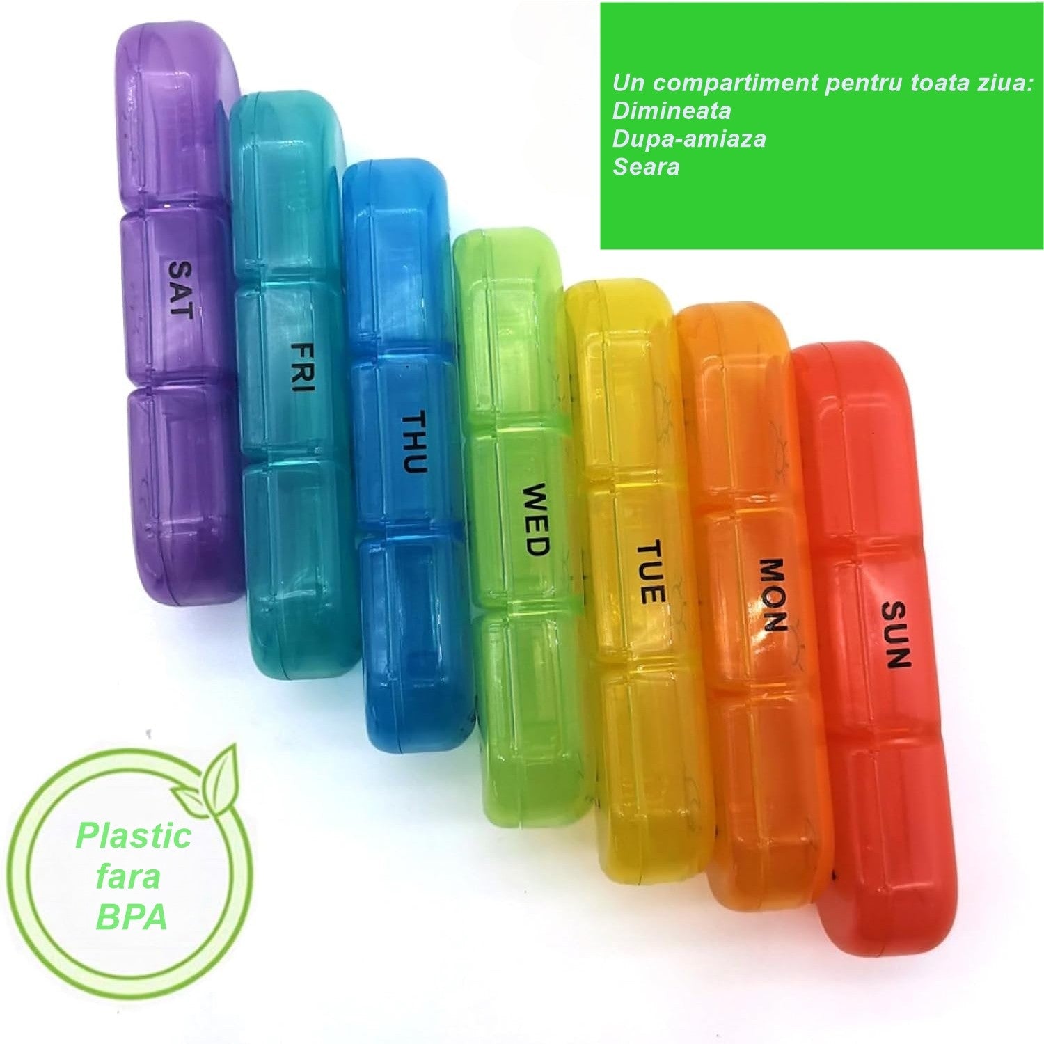 Cutie Depozitare Medicamente, 7 Zile, 21 Compartimente, Cutie Suport, Recipiente Detasabile, Portabila, Recipiente Colorate, Cutie Neagra, 15.6x12 cm