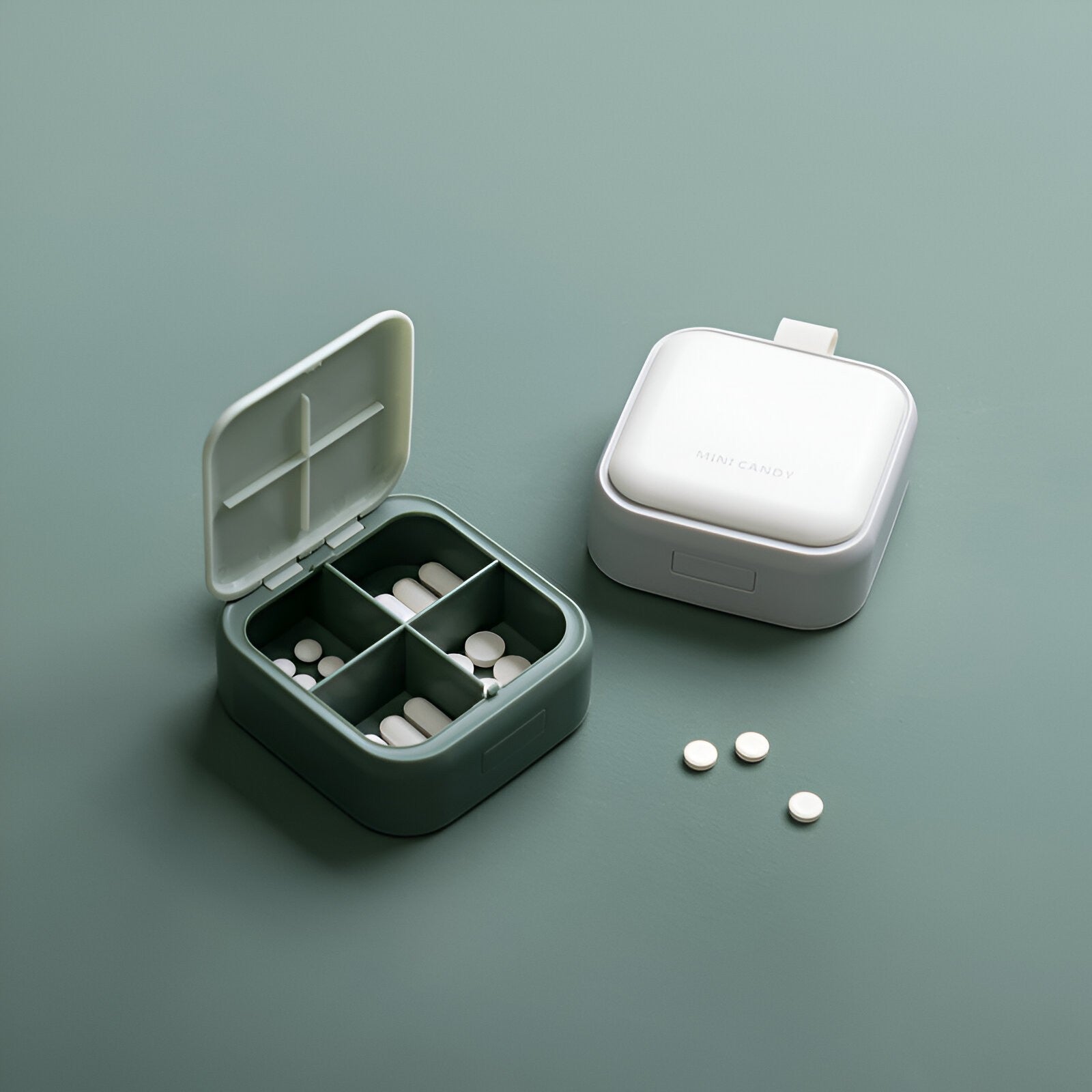 Cutie Depozitare Medicamente Mini, 4 Compartimente, Inchidere Etans, Portabila, Patrat, Verde, PP, 7.5x7.5x3 cm
