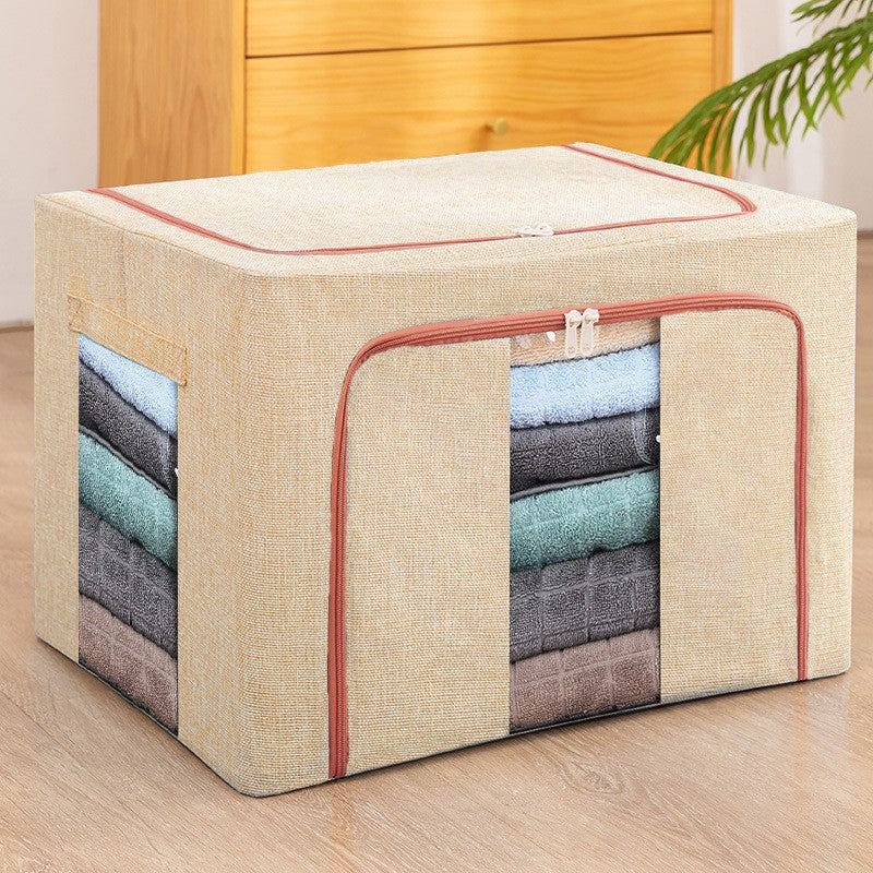 Cutie de depozitare pliabila, Cu fermoar, 100 L, Textil, 60x42x40 cm, Cadru Metalic, Suport Baza Stabil din Plastic, Crem cu Doua Ferestre