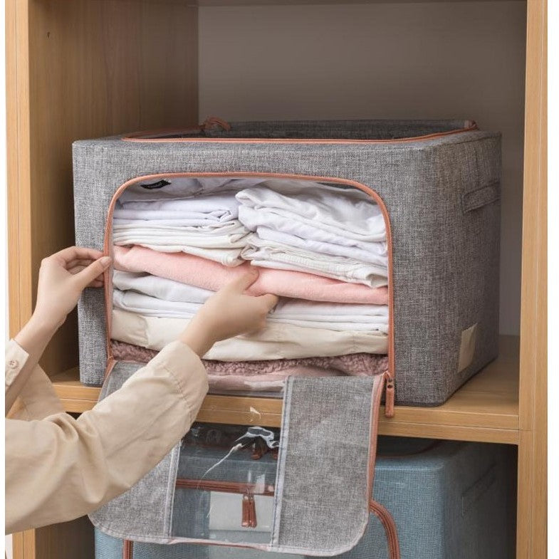 Cutie de Depozitare Pliabila, 24 L, din Bumbac si In, 40x30x20 cm, Fereastra Frontala, 2 Usi de Acces cu Fermoar Bidirectional, Cadru Metalic, Suport Baza Stabil din Plastic, Gri