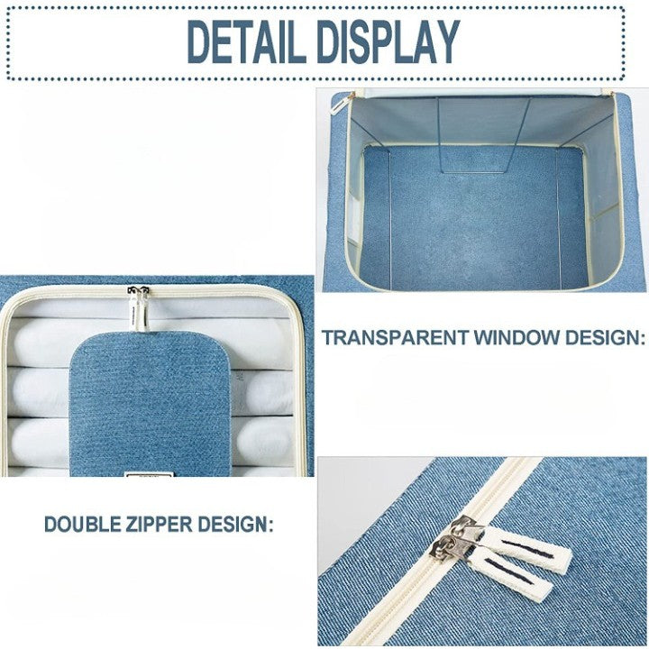 Cutie de Depozitare Pliabila, 24 L, din Bumbac si In, 40x30x20 cm, Fereastra Frontala, 2 Usi de Acces cu Fermoar Bidirectional, Cadru Metalic, Suport Baza Stabil din Plastic, Bleu