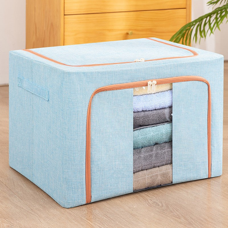 Cutie de Depozitare Pliabila, 24 L, din Bumbac si In, 40x30x20 cm, Fereastra Frontala, 2 Usi de Acces cu Fermoar Bidirectional, Cadru Metalic, Suport Baza Stabil din Plastic, Bleu