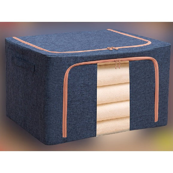 Cutie de Depozitare Pliabila, 24 L, din Bumbac si In, 40x30x20 cm, Fereastra Frontala, 2 Usi de Acces cu Fermoar Bidirectional, Cadru Metalic, Suport Baza Stabil din Plastic, Albastru Marin