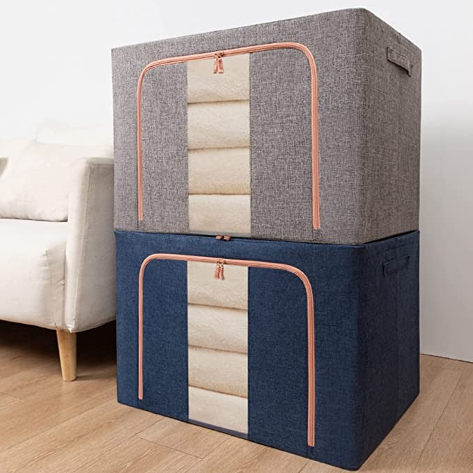 Cutie de Depozitare Pliabila, 24 L, din Bumbac si In, 40x30x20 cm, Fereastra Frontala, 2 Usi de Acces cu Fermoar Bidirectional, Cadru Metalic, Suport Baza Stabil din Plastic, Albastru Marin