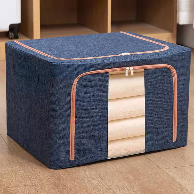 Cutie de Depozitare Pliabila, 24 L, din Bumbac si In, 40x30x20 cm, Fereastra Frontala, 2 Usi de Acces cu Fermoar Bidirectional, Cadru Metalic, Suport Baza Stabil din Plastic, Albastru Marin
