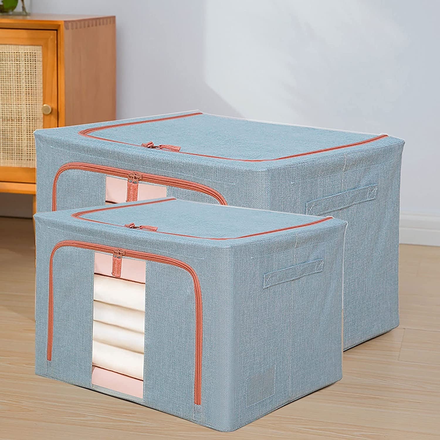 Cutie de Depozitare Pliabila, 66 L, din Bumbac si In, 50x40x33 cm, Fereastra Frontala Transparenta, 2 Usi de Acces cu Fermoar Bidirectional, Cadru Metalic, Suport Baza Stabil din Plastic, Bleu