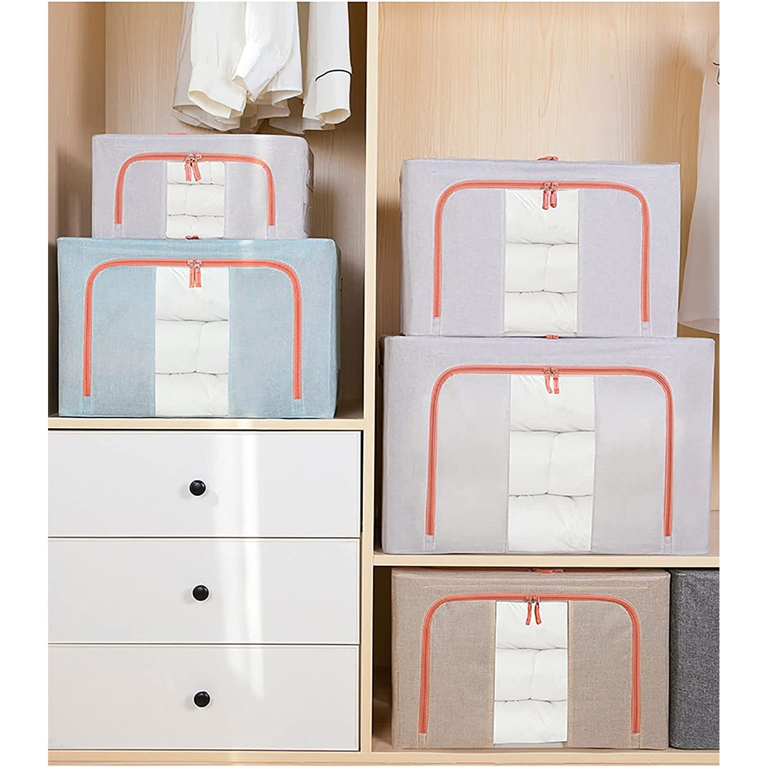 Cutie de Depozitare Pliabila, 66 L, din Bumbac si In, 50x40x33 cm, Fereastra Frontala Transparenta, 2 Usi de Acces cu Fermoar Bidirectional, Cadru Metalic, Suport Baza Stabil din Plastic, Bleu