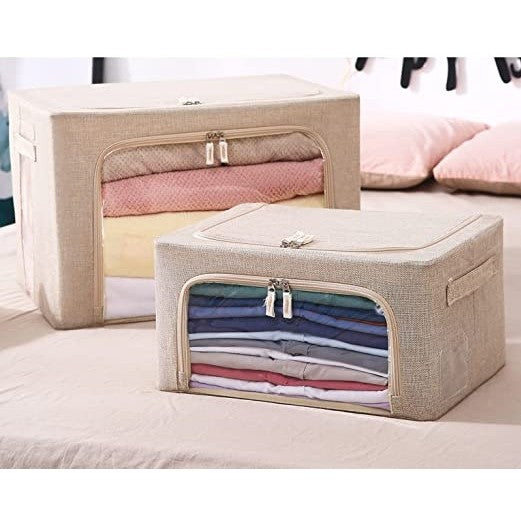 Cutie de depozitare pliabila, Cu fermoar, 66 L, Textil, 50x40x33 cm, Cadru Metalic, Suport Baza Stabil din Plastic, Crem